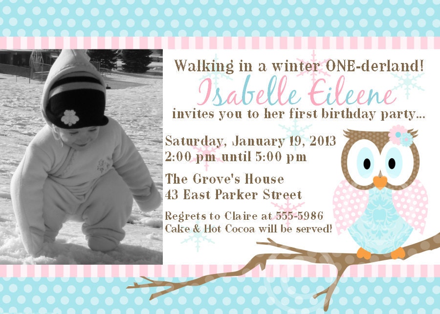Winter Wonderland Owl Invitation for Birthday Party or Baby Shower - DIY Girls Printable Invite - ONEderland by BeeAndDaisy Il_570xn