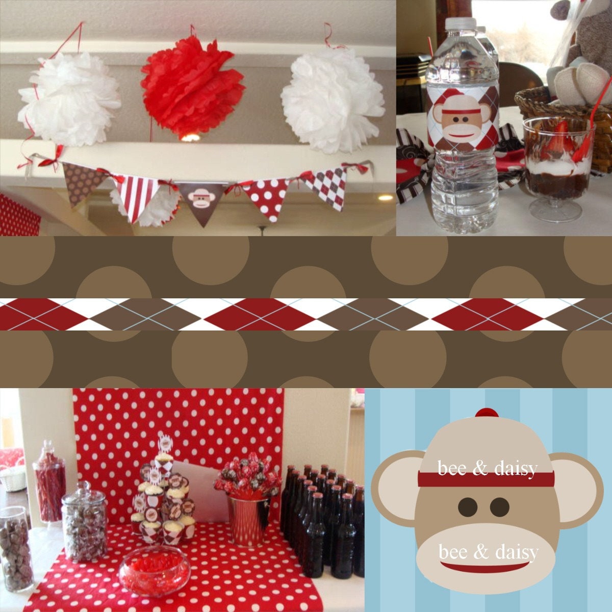 Sock Monkey Decorations for Birthday Party or Baby Shower - Boys DIY Printable Decor by BeeAndDaisy - Instant Download