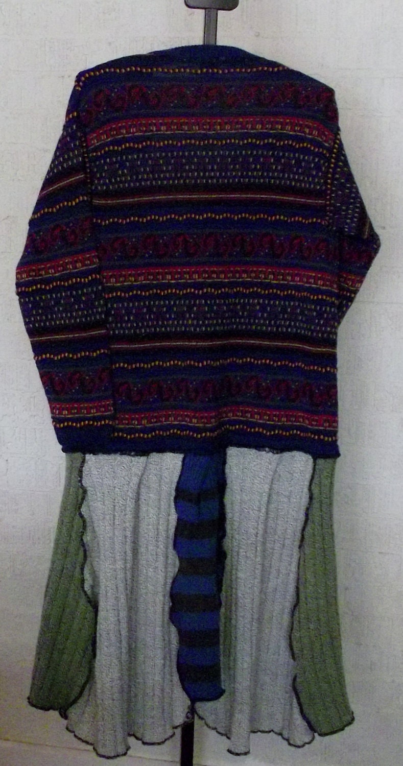 Recycled Sweater Long Jacket Coat Upcycled Clothing Eco Friendly Blue Green Red Stripped  long Womans Ladies Fairy Boho Hippie Gypsy