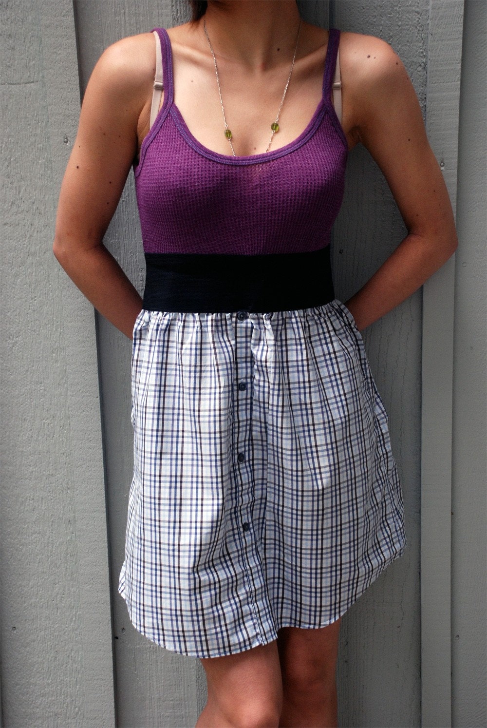 Upcycled dress made out of mens Club Monaco brown, blue and purple plaid 100 percent cotton dress shirt and purple waffle tank - It's a must have for summer. One of a kind.