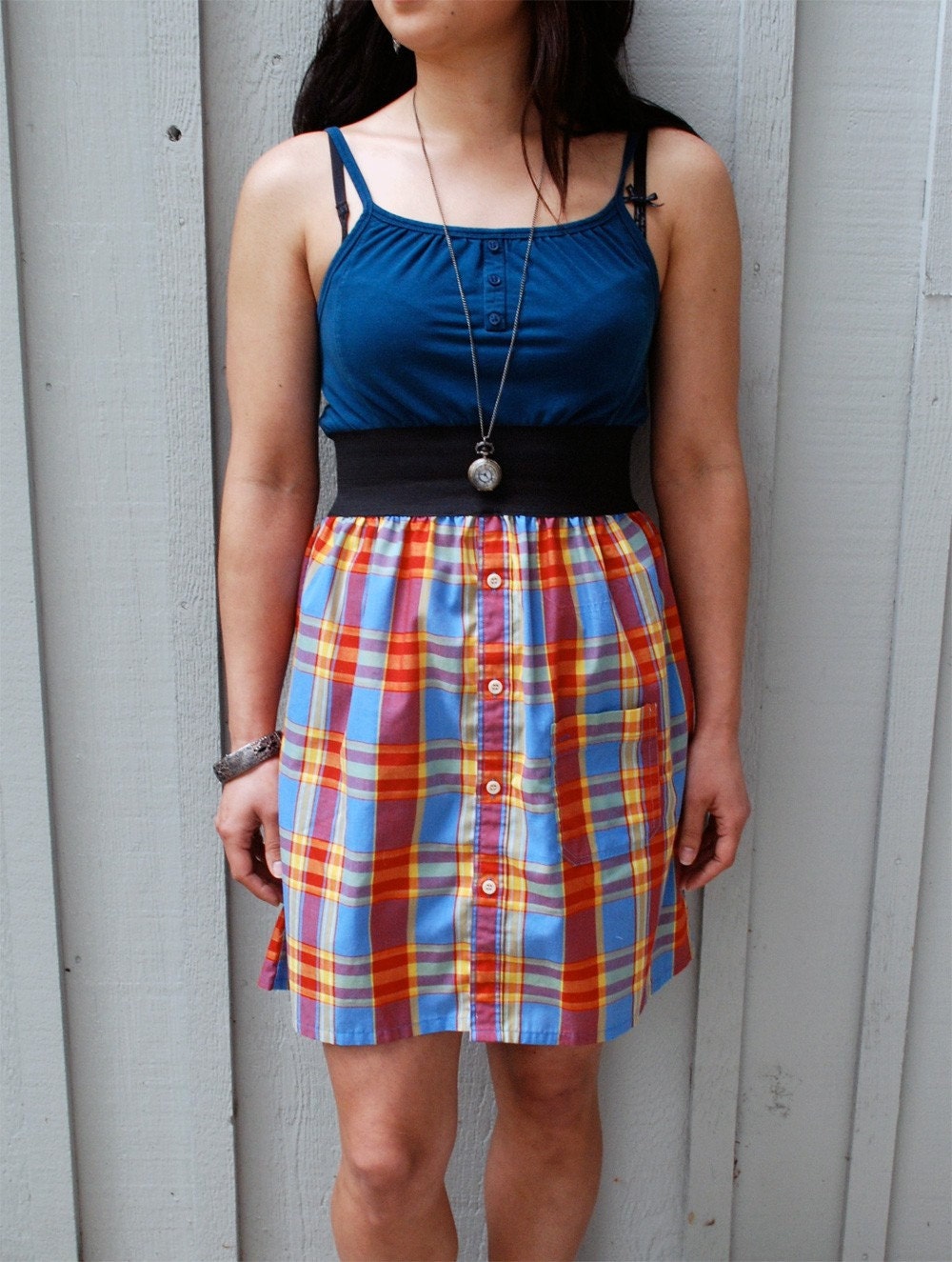 Upcycled dress made out of multicolored plaid mens shirt and teal blue tank - It's a must have for summer. One of a kind.