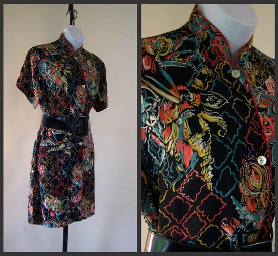 40s Rayon Asian Chemsong Dress or Tunic GORGEOUS glamorous novelty print -- 1940s forties amazing and a good size