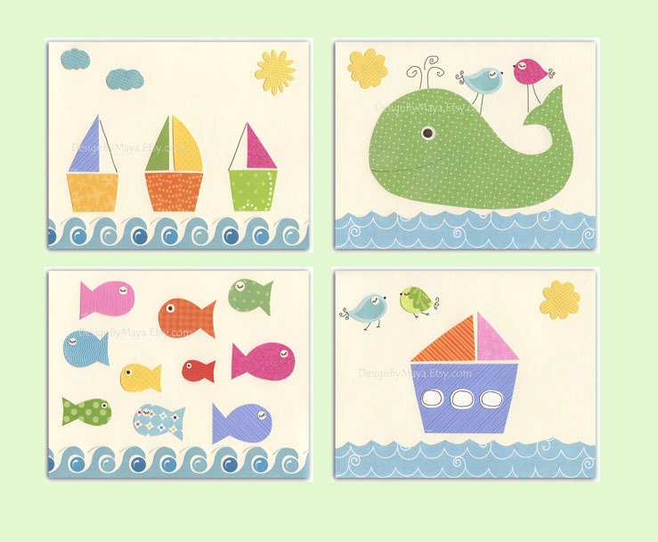 Nursery wall art, Baby room print, Nursery Decor, Art for Kids Room...Sea set of 4 8x10, boat, whale, fist, nautical prints, baby boats