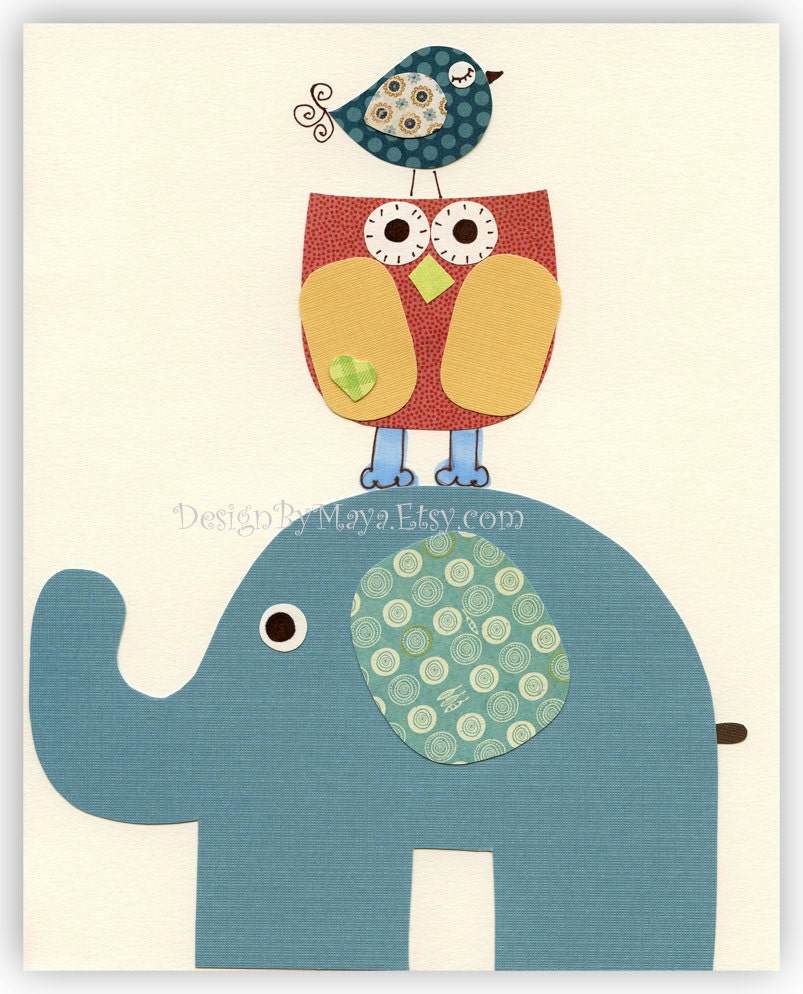Nursery print Baby Room Decor Birds elephant...BIG blue elephant.