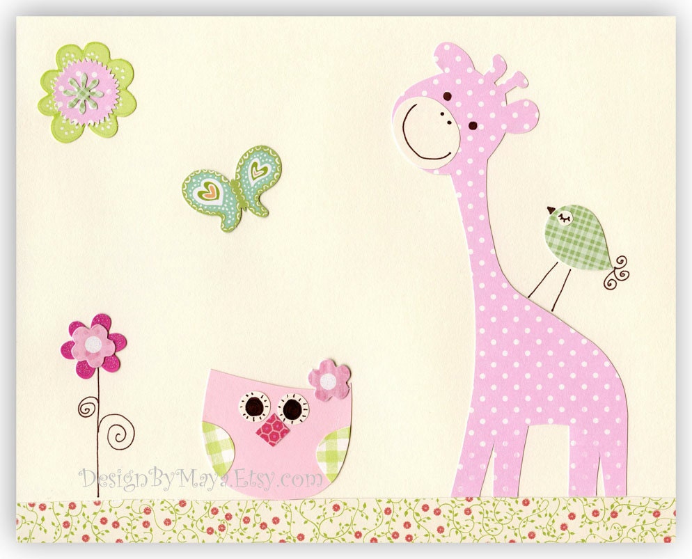 Baby girl Nursery Decor Children Art Owl giraffe..Friends on the grass
