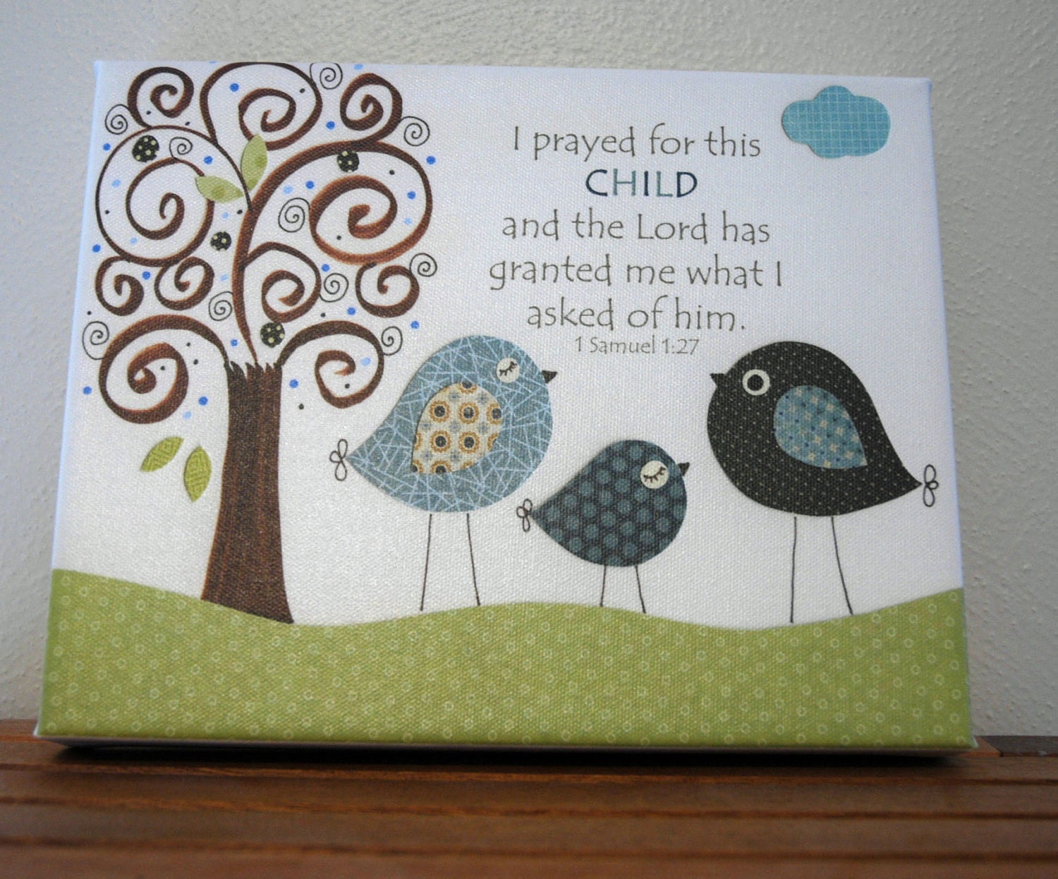 Baby room decor, Nursery art, Children room 8x10 Artwork...I prayed for this child... Blue Birds...on canvas gallery wrap