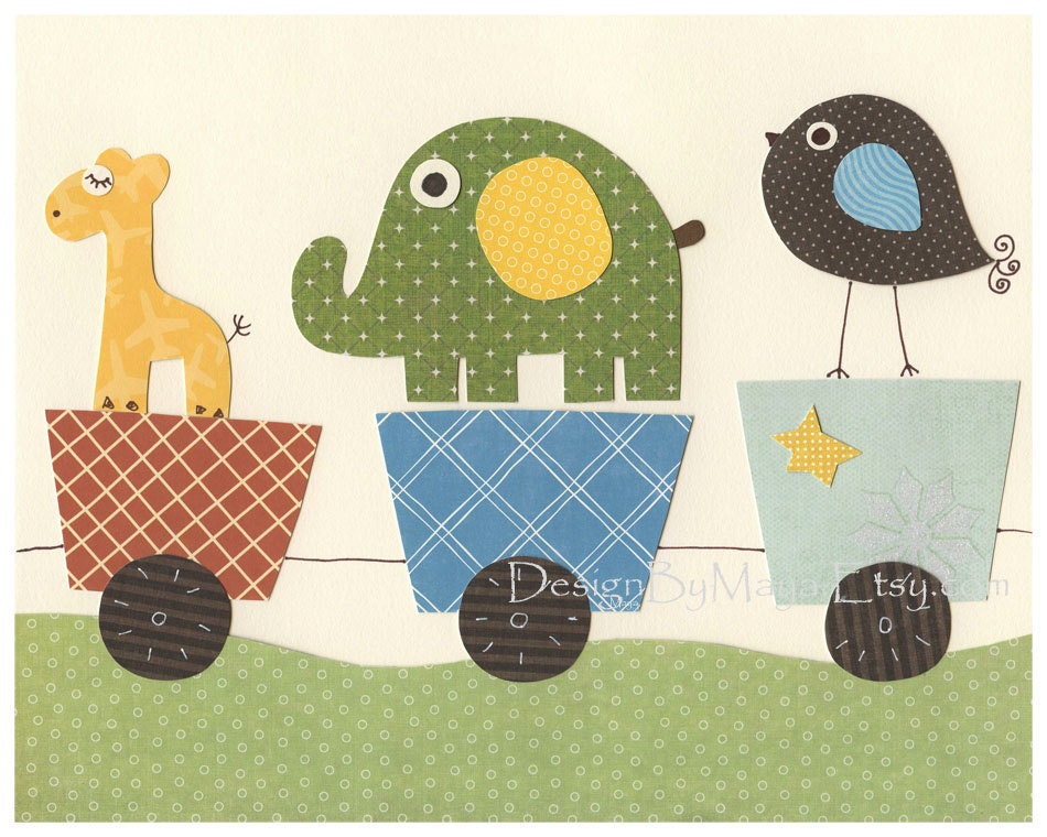 Boy Nursery Decor, Boy Nursery Wall Art, Wall Art Baby Decore, set 3 8x10, Train Nursery, Owl, Elephant, Giraffe,Circus Friends Nursery