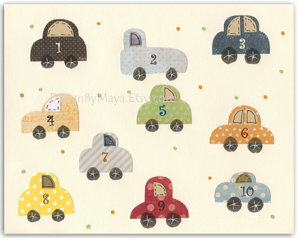 Nursery Art Decor Kids Print... Cars numbers..count to 10, blue, green, red, orange, yellow, play room art