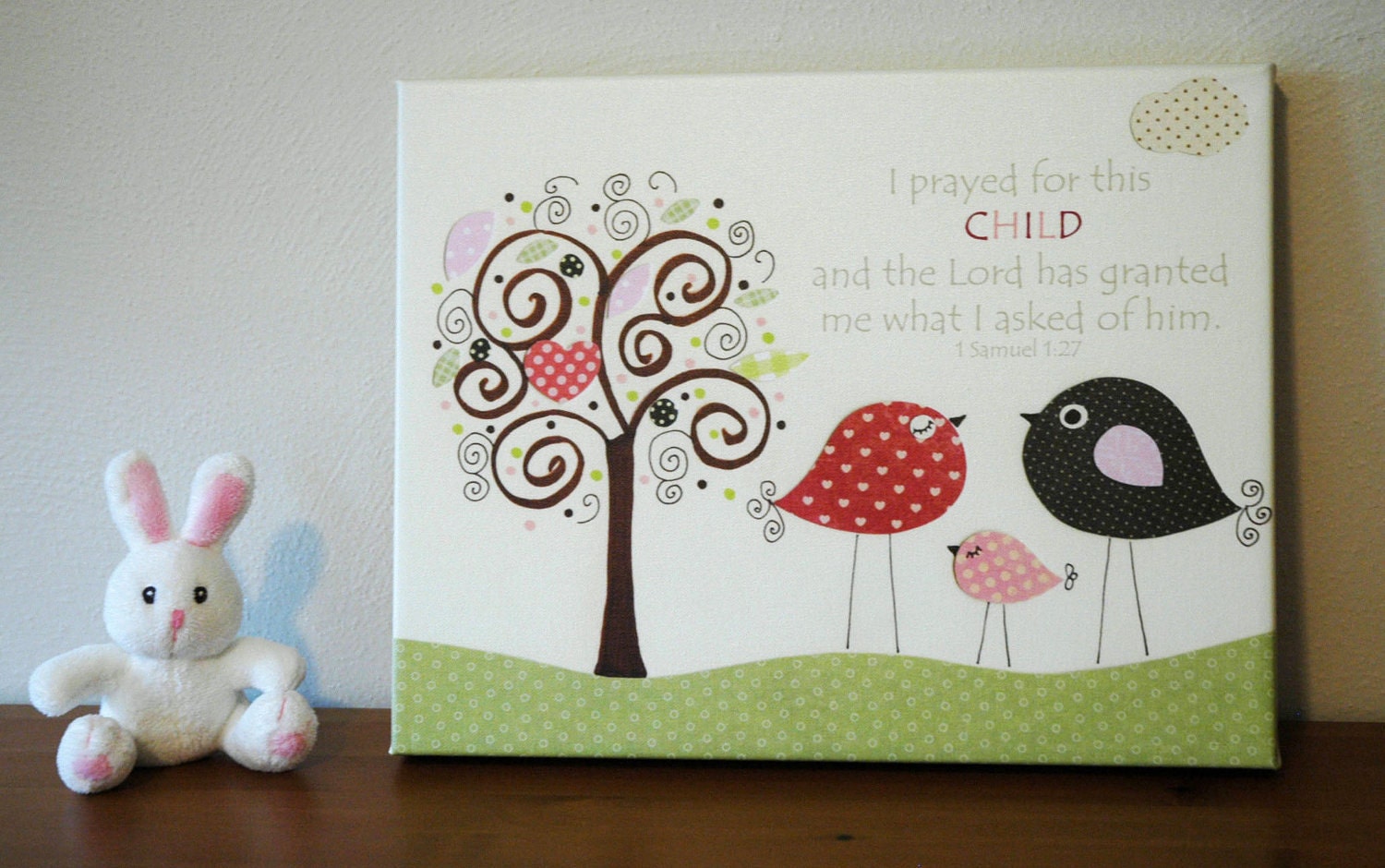 Baby Girl room decor, Nursery wall art, Children Artwork 11x14...I prayed for this child, red, brown, pink, green, tree