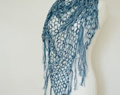 crochet triangle shawl in mix of white blue navy lace light summer shawl  - mix of viscose,linen and acrylic