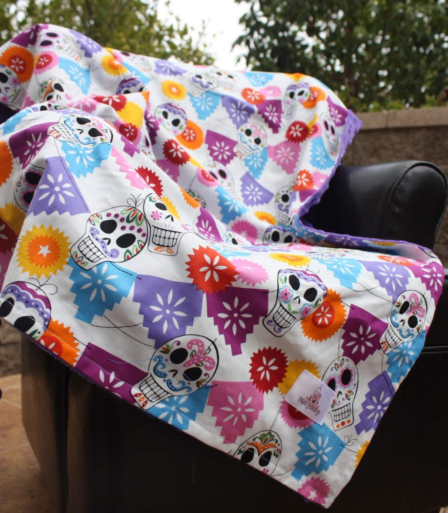 Baby Stroller Minky Blanket -- Pueblo Folklorico Cotton Print with Purple Minky Dot -- MADE TO ORDER