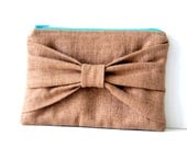 bow pouch in brown linen  / linen / brown / bridesmaids / spring fashion / turquoise / mothers day