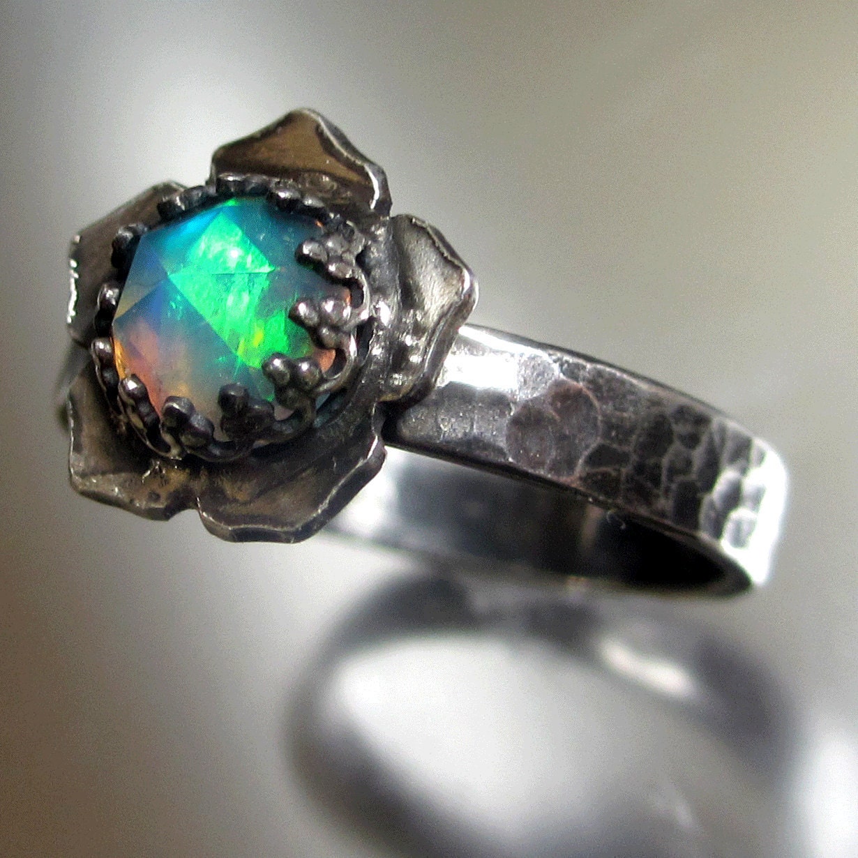 Natural Solid Rose Cut Opal Lotus Ring Sterling Silver