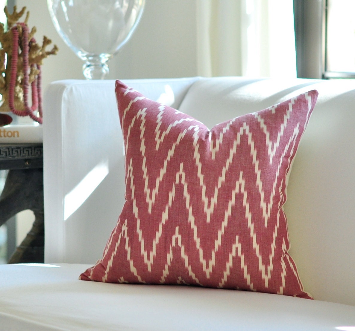 20"sq. Schumacher KASARI Ikat pillow cover in Poppy