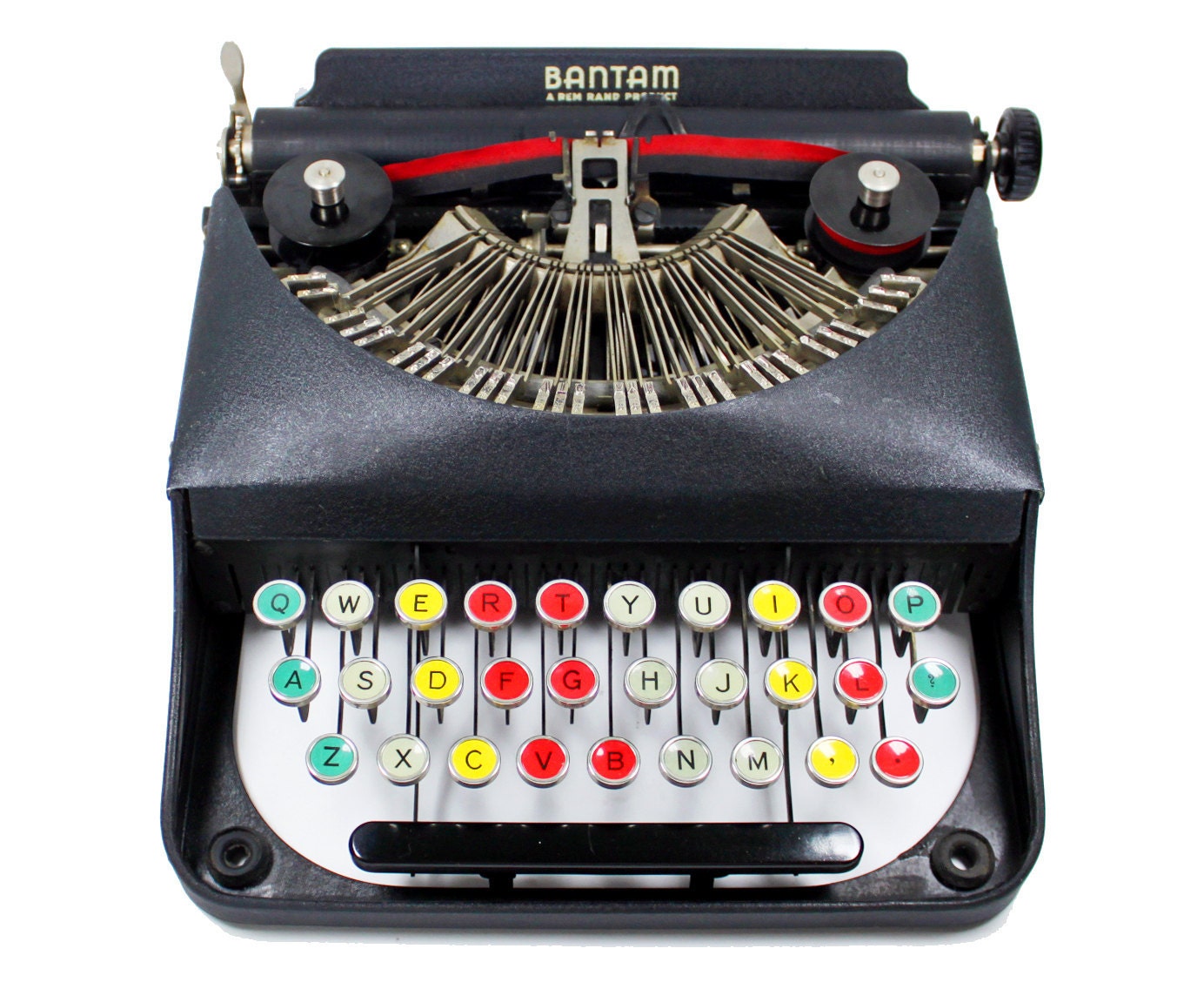 Antique Bantam Typewriter with Color Glass Keys by Remington in the Original Case
