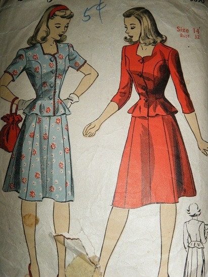 Adele - 1940s WWII Era Vintage Style Casual Skirt Suit with Sweetheart Neckline - ALL SIZES - Custom Made