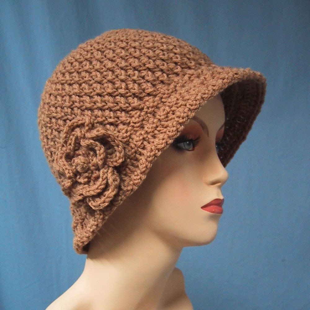 Cloche Hat with Flower - Hand Crocheted - Soft Acrylic Yarn in Warm Tan - Handmade - Size Medium - CLEARANCE PRICED