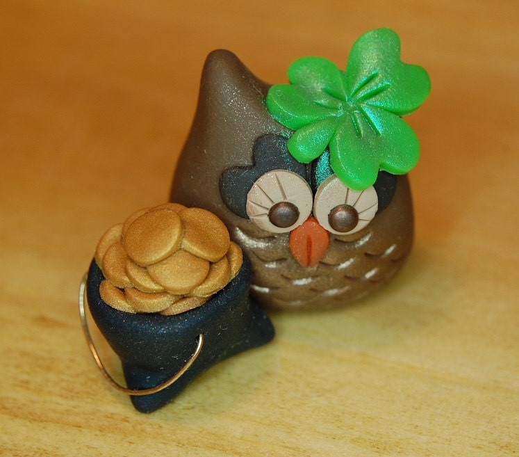 polymer clay owl- Roxy the owl- Lucky clover and pot of gold leprechaun outfit