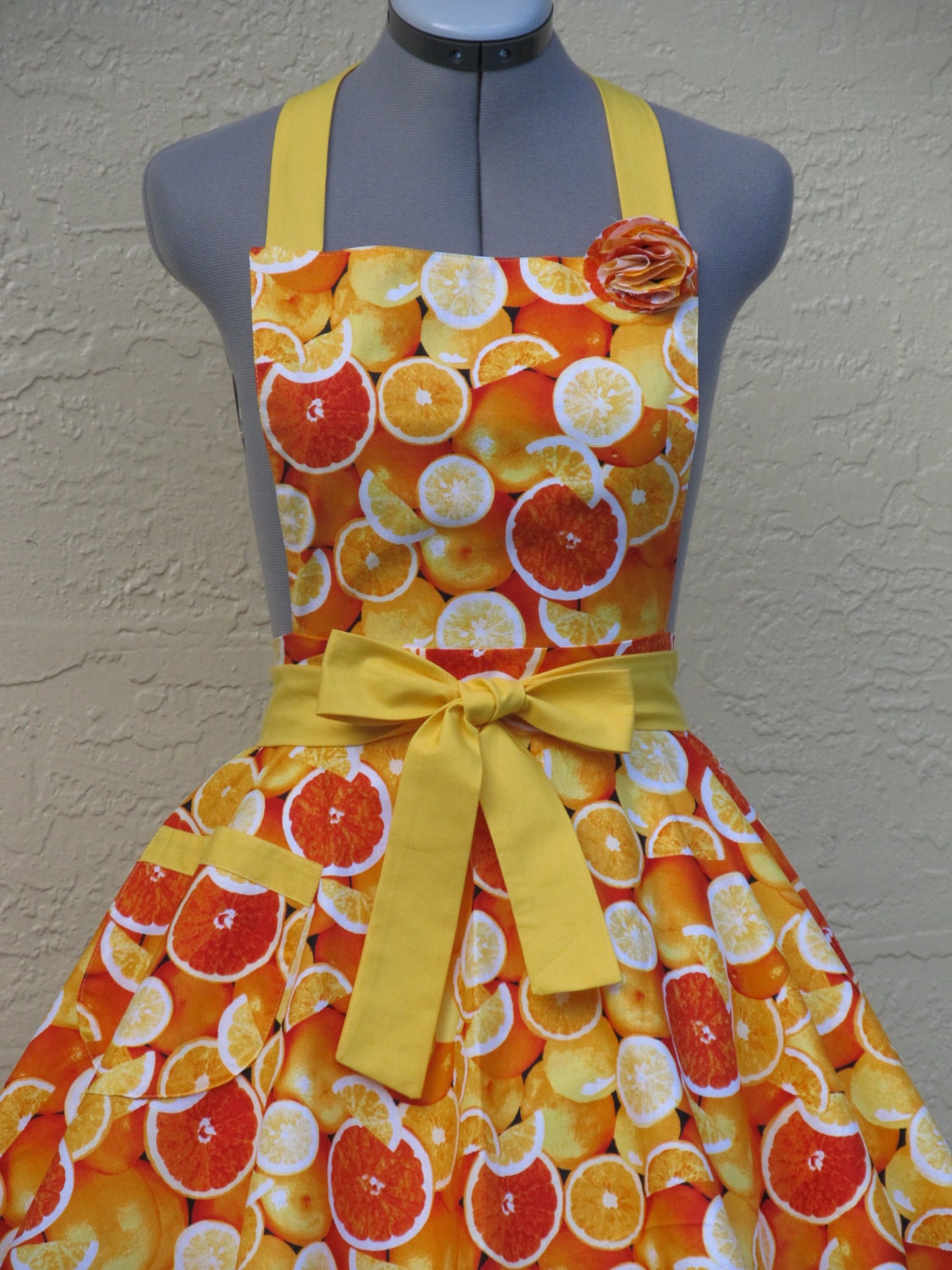 Ready to ship-Only One- Colorful Bright Oranges Apron- With a hint of Yellow Full of Twirl Flounce-Pin Up Style