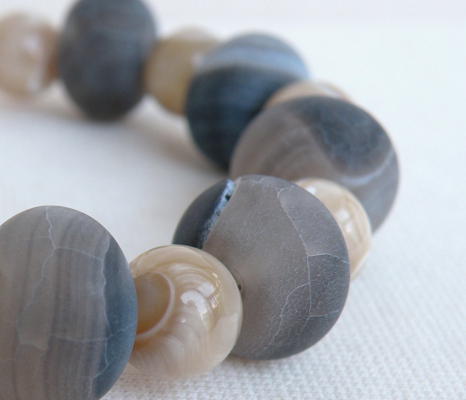 Frosted Black Fire Agate, Natural Mother of Pearl, Adjustable, Sterling Silver Bracelet