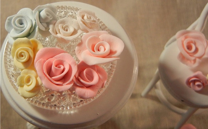 Dollhouse Miniature - Shabby Chic Pink, Blue, Yellow and Ivory Hand Made Roses - 1/12th scale