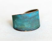 Blue Green Patina Verdigris Wide Brass Band Ring