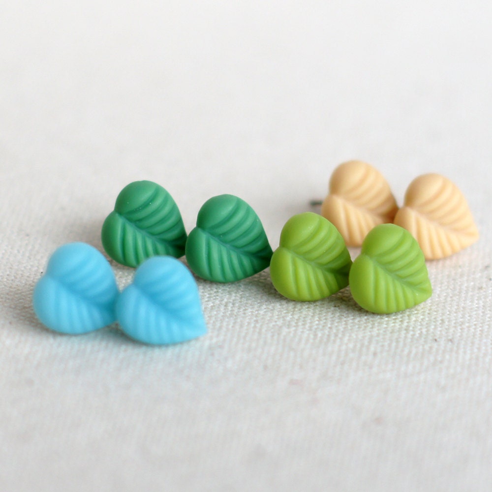Leaf Studs Earrings - Wasabi Pea - Light Blue - Emerald Green - Latte