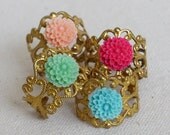 Chrysanthemum Flower Filigree Ring in Raw Brass - Peach, Watermelon Red, Mint Green or Sky Blue