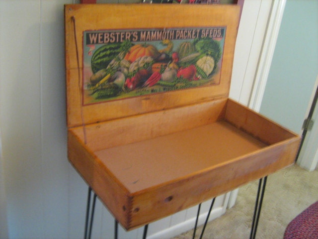 Shipping Crate TABLE Old Dovetail Wooden Box OLD Websters Mammoth Packet Seeds Nice advertising with vintage hair pin legs Midcentury