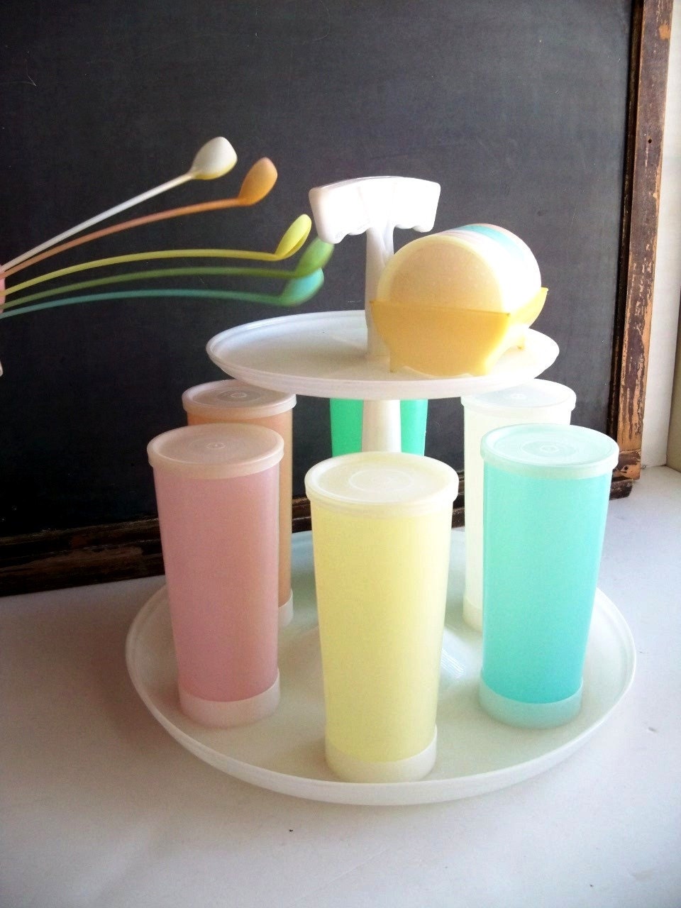 Vintage Tupperware Tumblers Lids Caddy Coasters and Spoons