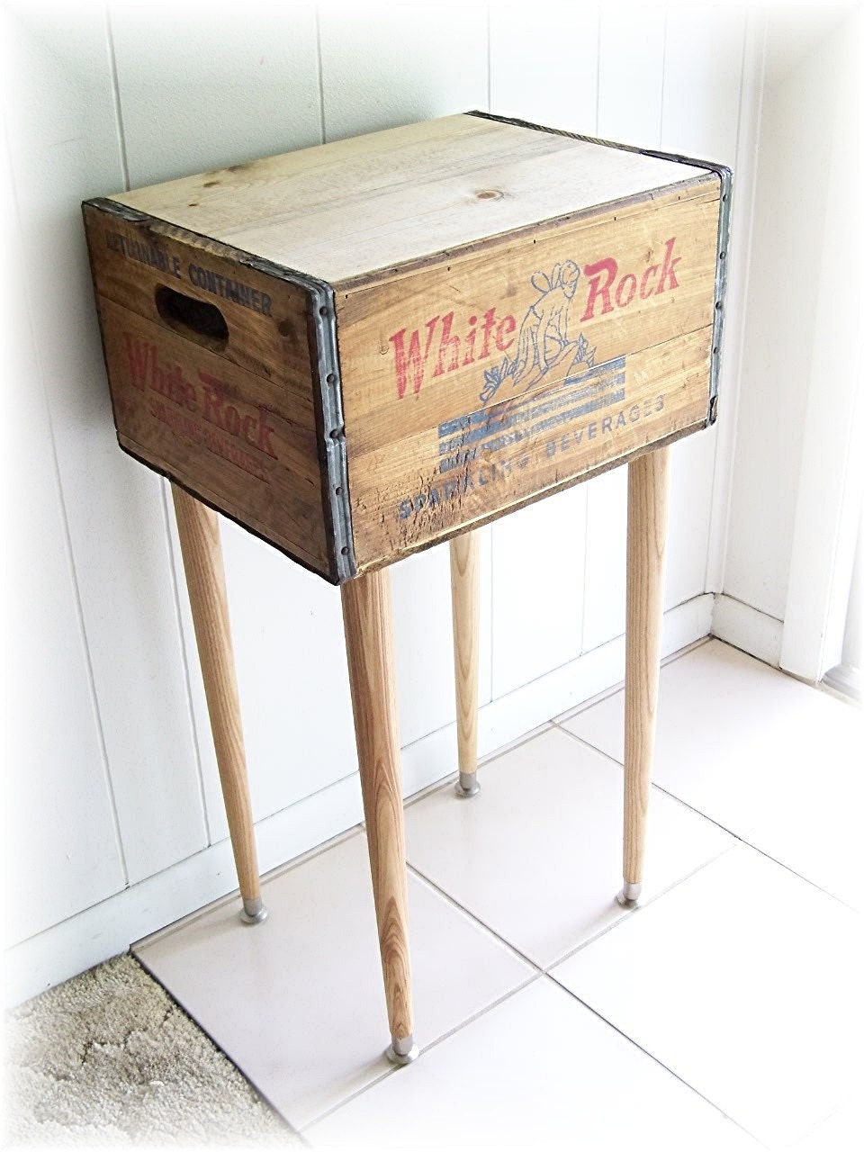 Shipping Crate Table 1930s 1940s WHITE ROCK Sparkling Beverages Box A repurposed distressed box upcycled renewed