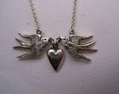 Sterling Silver Swallows and Heart Necklace