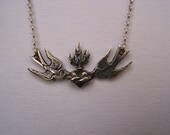 Sterling Silver Swallows and Sacred Heart Necklace