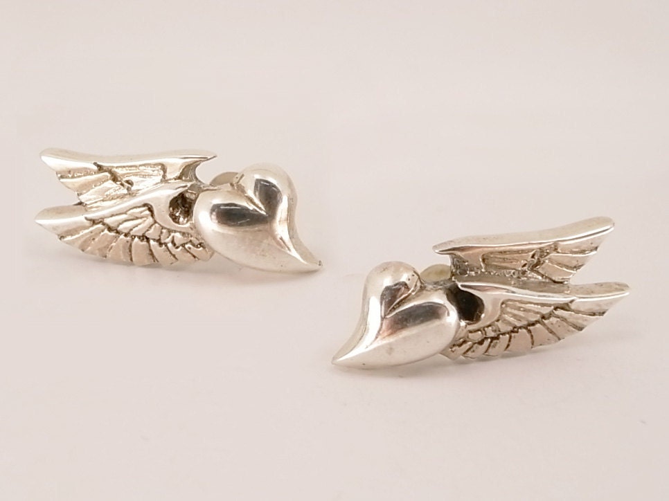 Sterling Silver Heart with Wings Stud Earrings