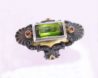 Green Tourmaline and Red and Black Diamond Medieval Ring in 18ct Gold and Blackened Silver