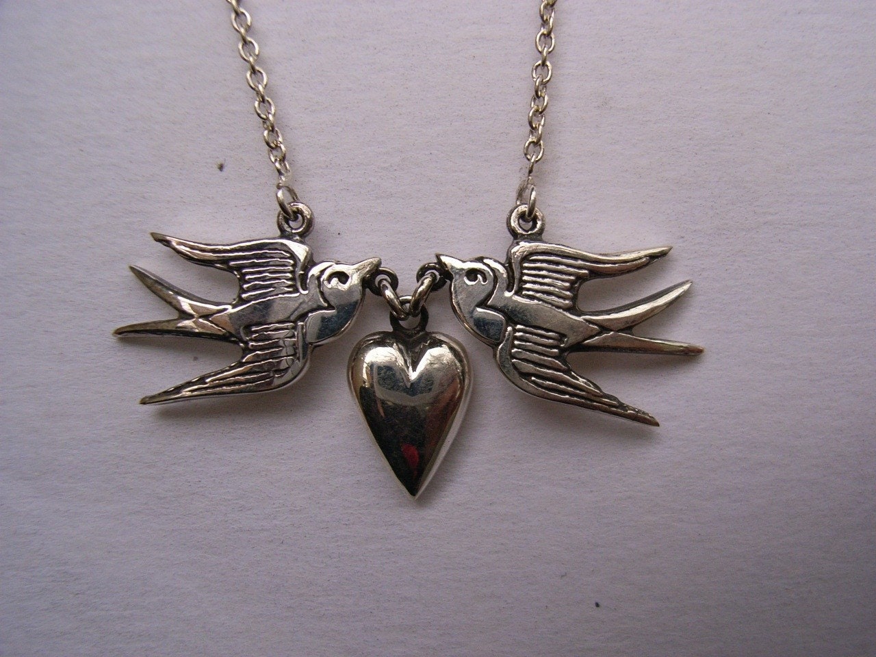 Sterling Silver Swallows and Heart Necklace