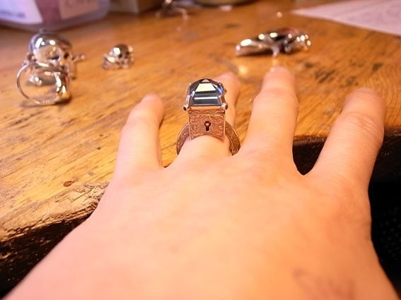 9ct Yellow Gold Engraved Topaz Locking Poison Ring with Key on Chain