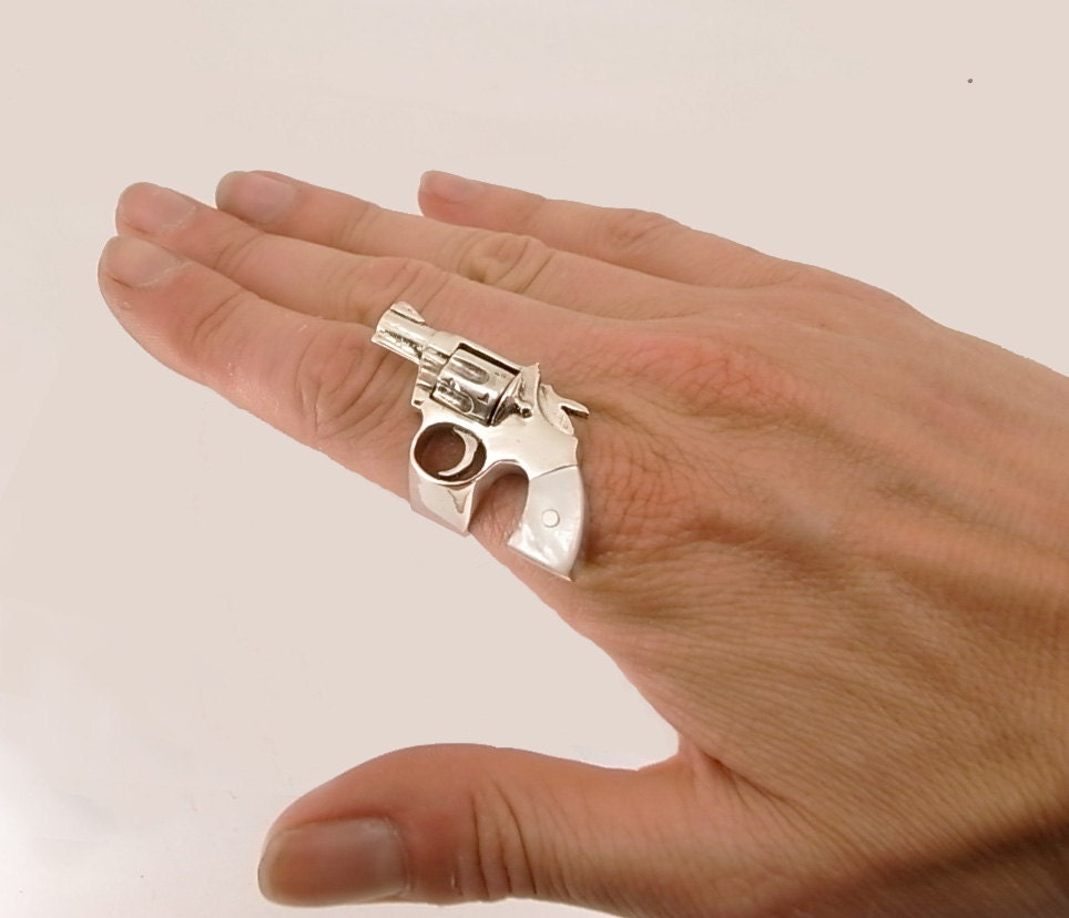 Sterling Silver Revolver Ring with Spinning Chamber and Mother Of Pearl Handle