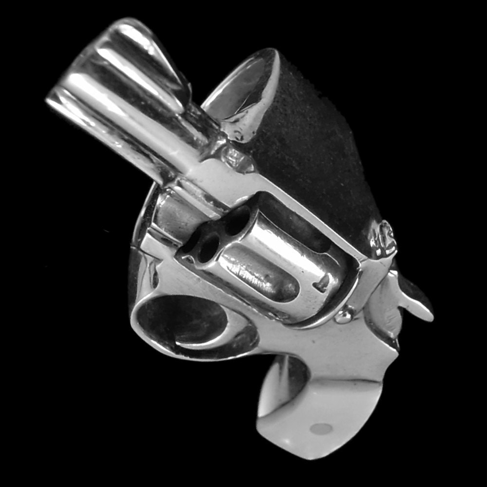 Sterling Silver Revolver Ring with Spinning Chamber and Mother Of Pearl Handle