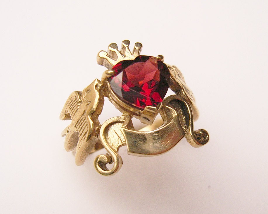 Swallows, Banner, Crown and Heart Shaped Garnet Stone Ring in 9ct Yellow Gold