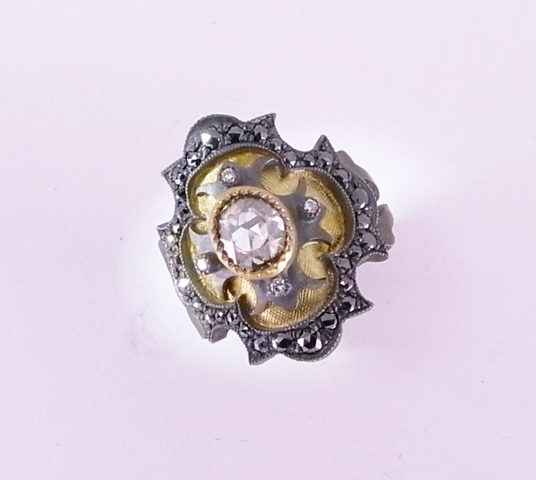 White and Black Diamond Medieval Ring