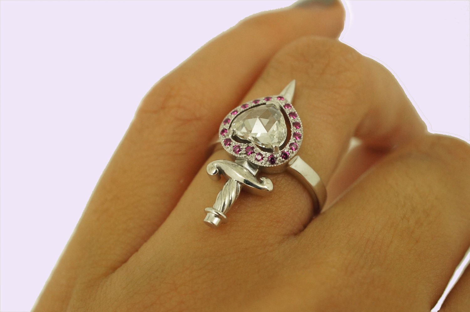 Diamond Heart and Ruby Dagger Ring in 18ct White Gold