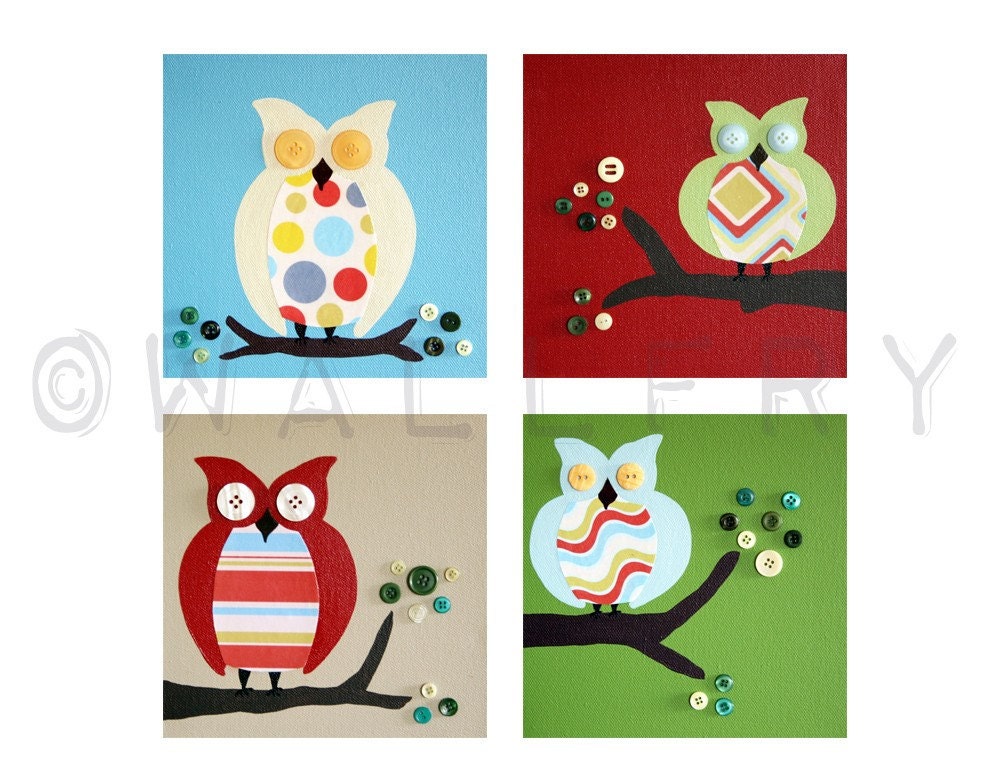 Nursery art Owl prints for children. Owls For boys girl baby nursery. 4 - 8x8 (or 8x10) prints of owls in trees for kids rooms and playrooms