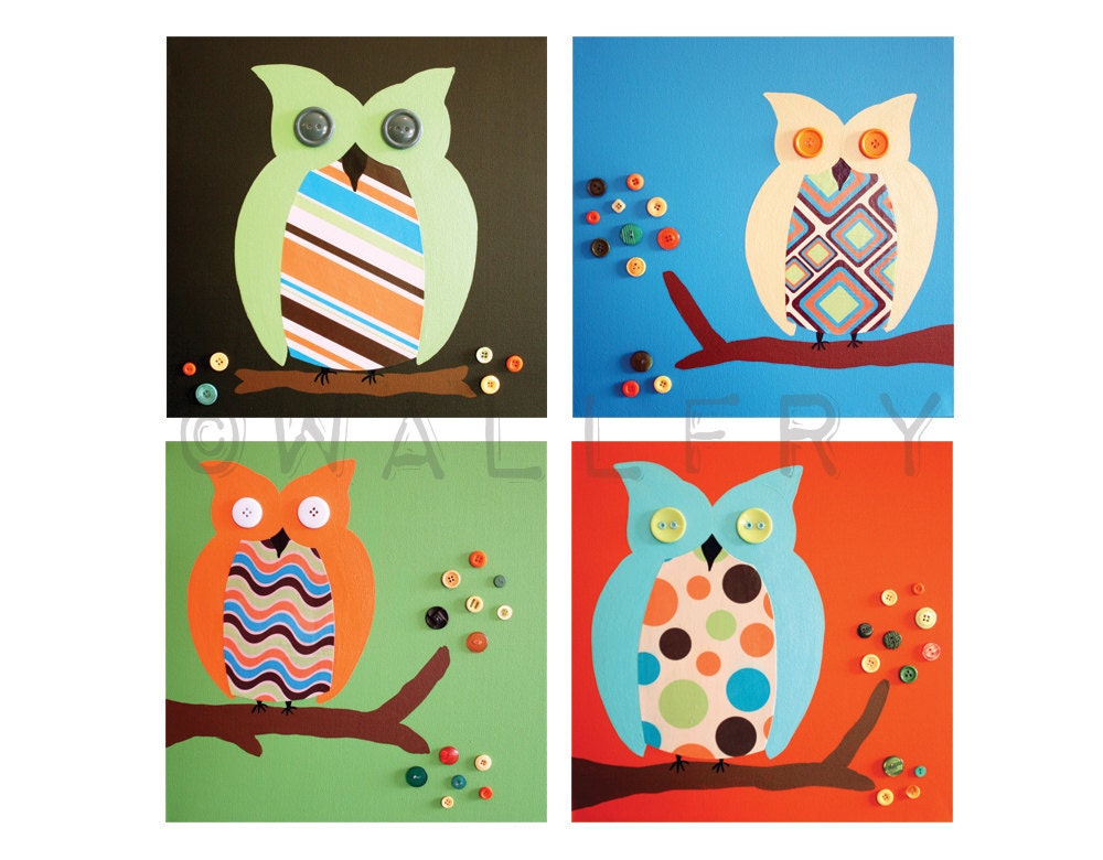 Owl prints Retro nursery artwork for children baby. 4 - 8x8 retro nursery art prints of owls in trees for kids rooms owl nursery by WallFry