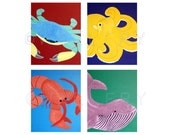 Sea Creature Prints for baby nursery. Set of 4 - 8x10 modern ocean animals artwork, beach theme paintings, for kids rooms bathroom art