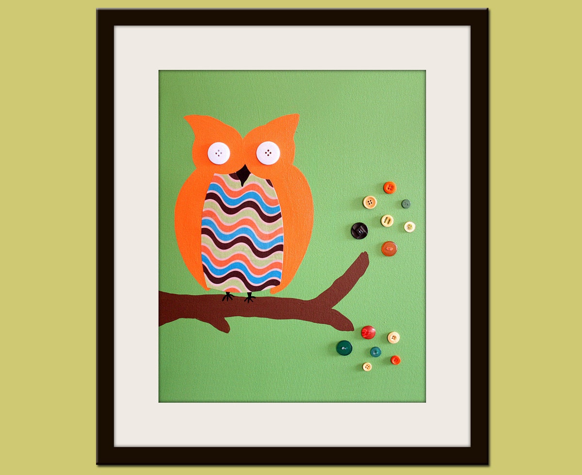 Owls retro nursery art. 8x10 print for baby. Modern retro decor artwork owls in tree theme for child kids boys girls room in green & orange