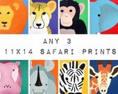 Baby nursery decor. Jungle nursery artwork for kids. Childrens art, Safari nursery themes. Any 3 11x14 Safari animal prints.