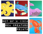 Bathroom prints, nursery art sea creature prints. Set of 4 11x14 underwater themed nursery artwork beach ocean sea life