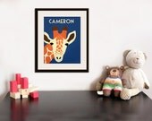 Personalized Giraffe Print baby nursery art. 11x14 safari artwork, jungle art, child zoo decor animal for kids rooms in blue and orange