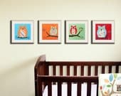 Nursery art prints Owls for boys & girls owl nursery art. Set of 4 - 8x8 owl prints in trees for kids rooms and playrooms in primary colors